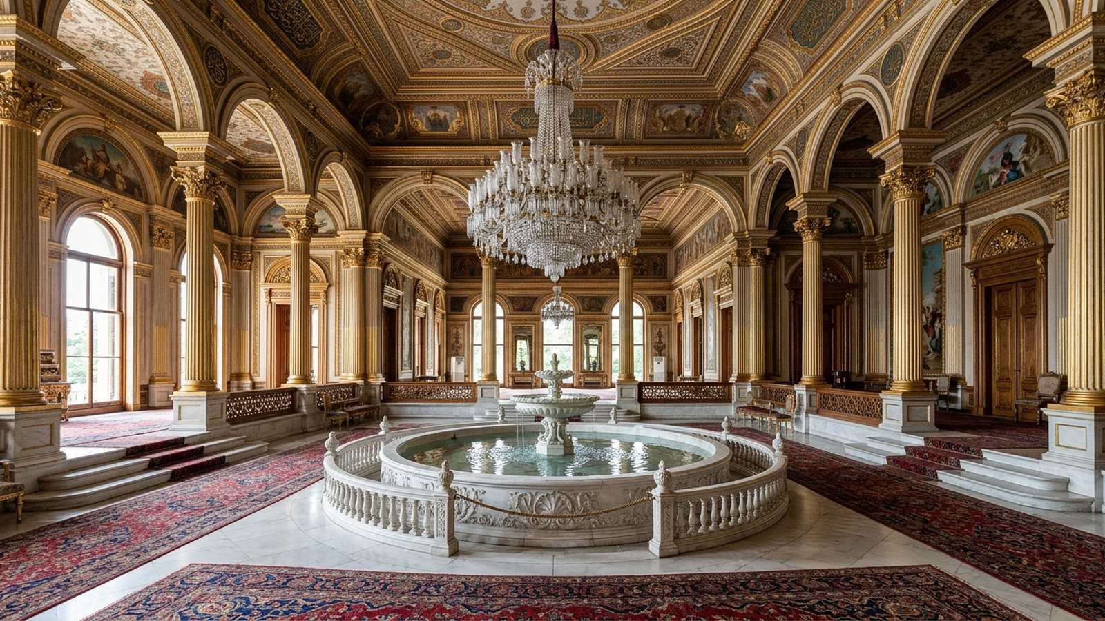 Ornate hall inside Beylerbeyi Palace with a marble fountain pool, crystal chandelier and painted ceilings