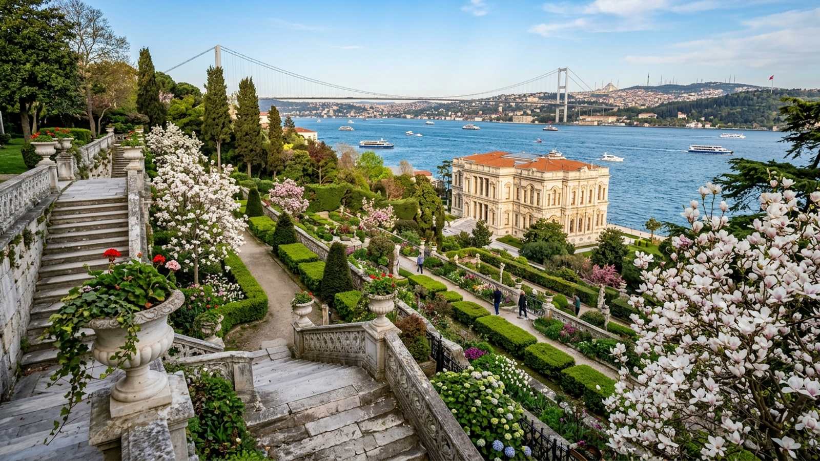 Terraced magnolia garden of Beylerbeyi Palace with clipped hedges and flowering trees above the Bosphorus