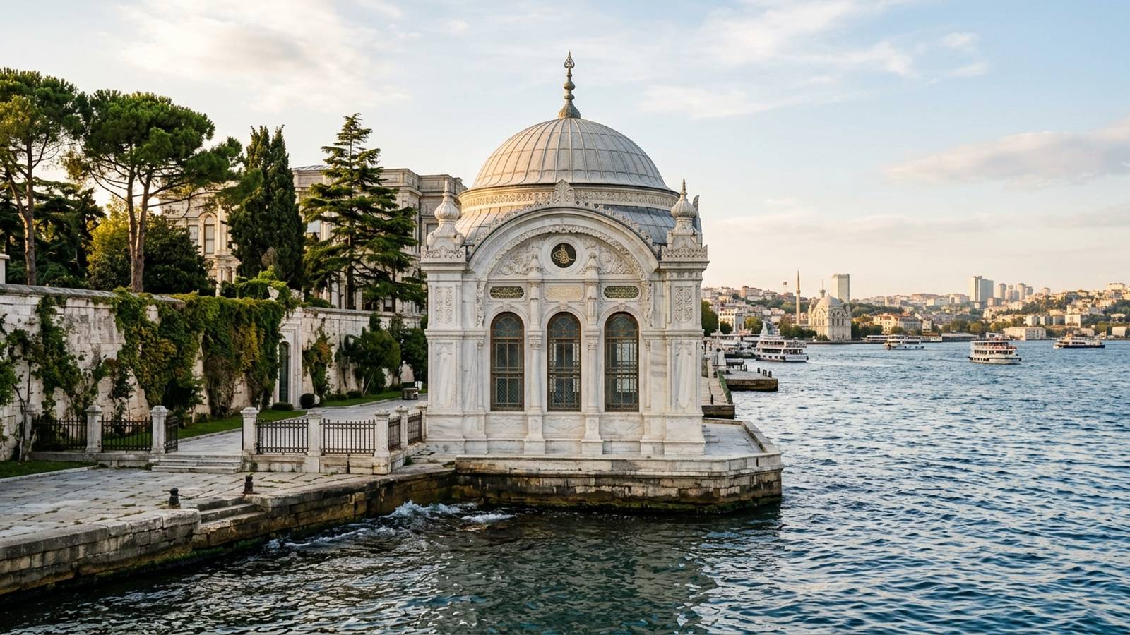 Marble seaside bathing pavilion of Beylerbeyi Palace at the water’s edge of the Bosphorus
