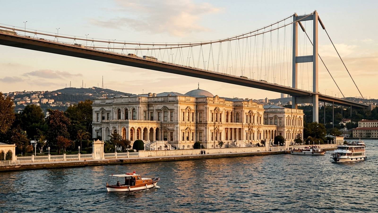White marble facade of Beylerbeyi Palace on the Bosphorus shore beneath the Bosphorus Bridge, Istanbul